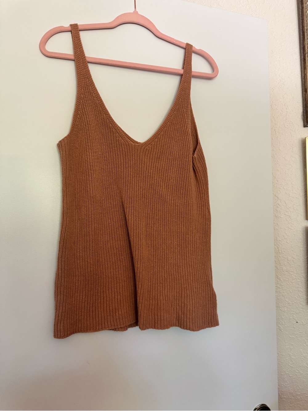 The Drop Ribbed V-Neck Knit Tank Top in Camel